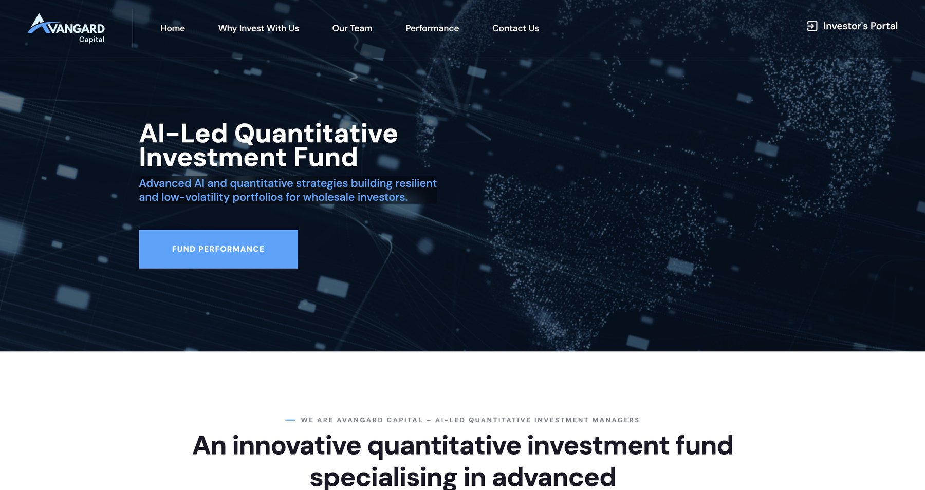 Avangard Capital home page as I delivered it: a dark navy hero with the headline “AI-Led Quantitative Investment Fund”, a blue “Fund performance” button and an investor portal link, over a dotted world map.