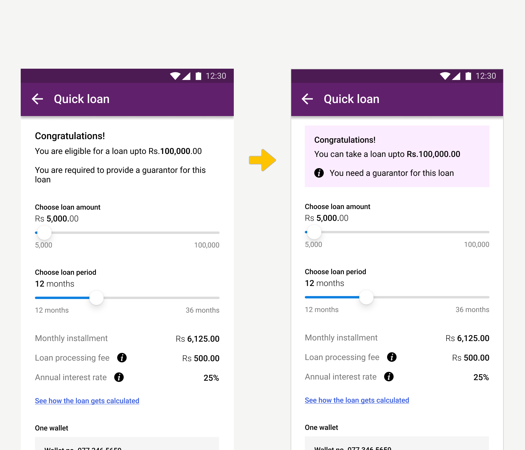 Loan configuration screen before and after. Before: plain text saying “You are eligible for a loan upto Rs.100,000.00” and “You are required to provide a guarantor”. After: a highlighted panel at the top saying “You can take a loan upto Rs.100,000.00” and “You need a guarantor for this loan” with an info icon.
