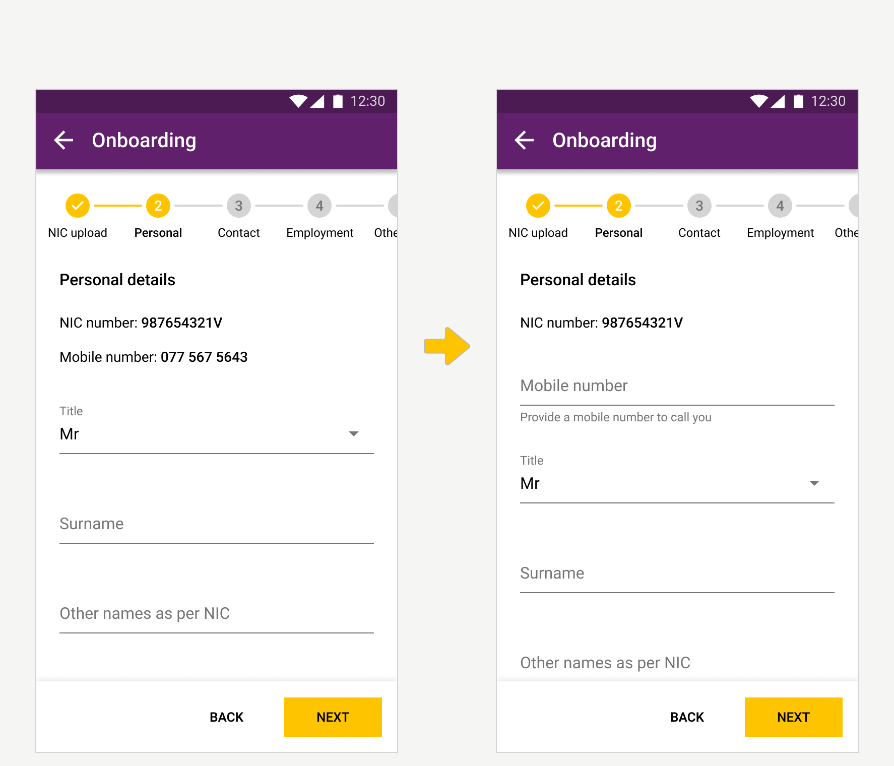 Personal details before and after. Before: the OTP-verified mobile number shown as fixed text. After: an editable mobile number field with the hint “Provide a mobile number to call you”.