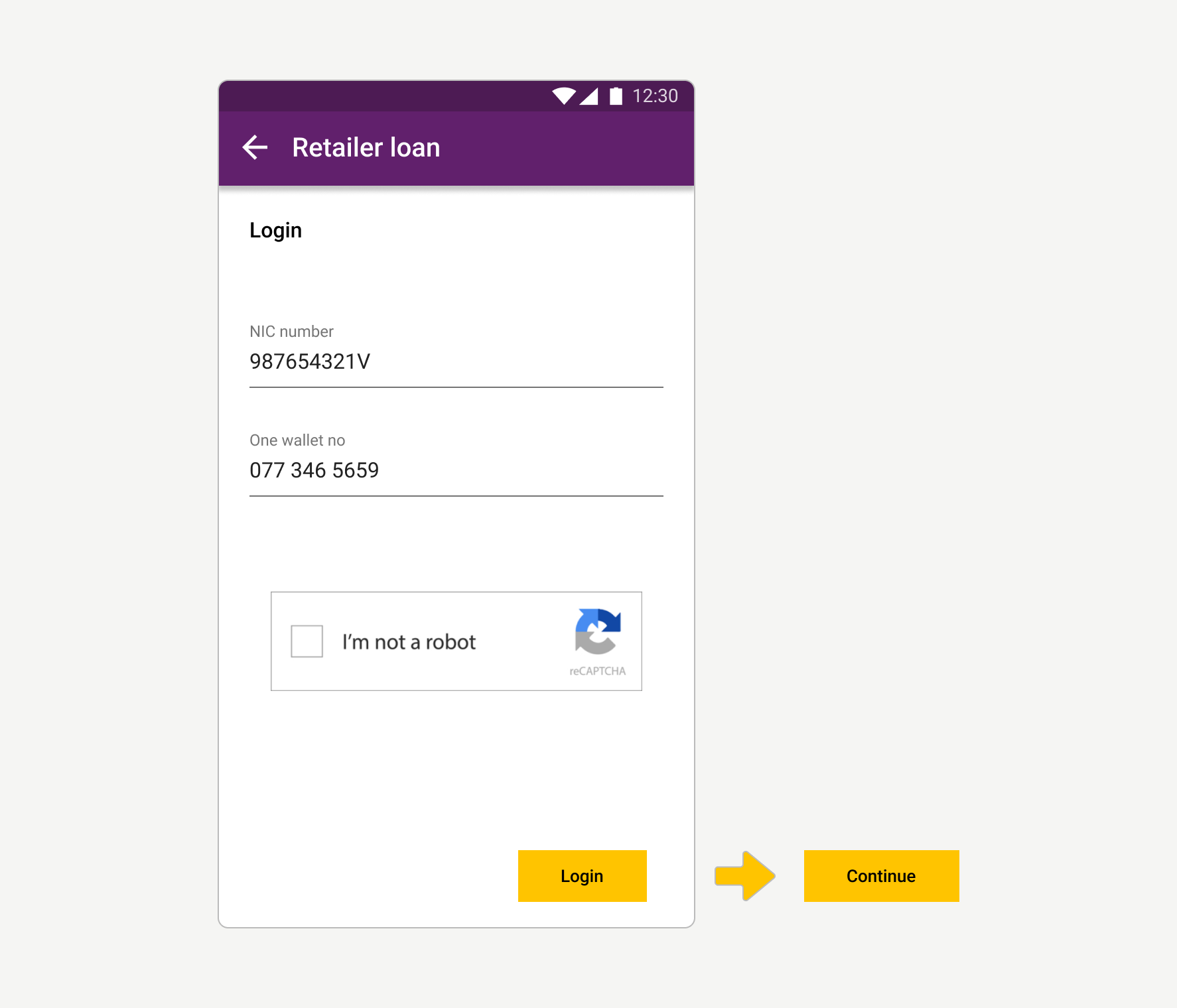 Retailer loan entry screen with NIC number, One wallet number and a CAPTCHA. An arrow shows the “Login” button changed to “Continue”.