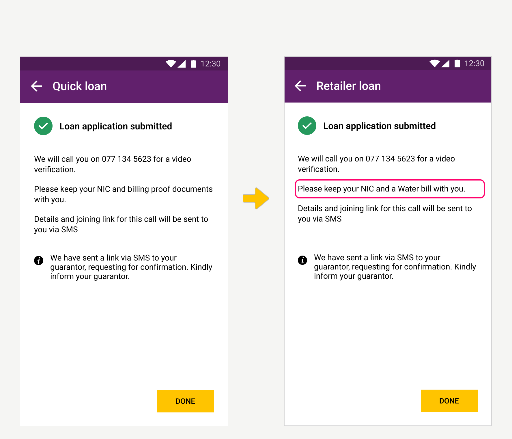 Application submitted screen before and after. Before: “Please keep your NIC and billing proof documents with you.” After, highlighted: “Please keep your NIC and a Water bill with you.”