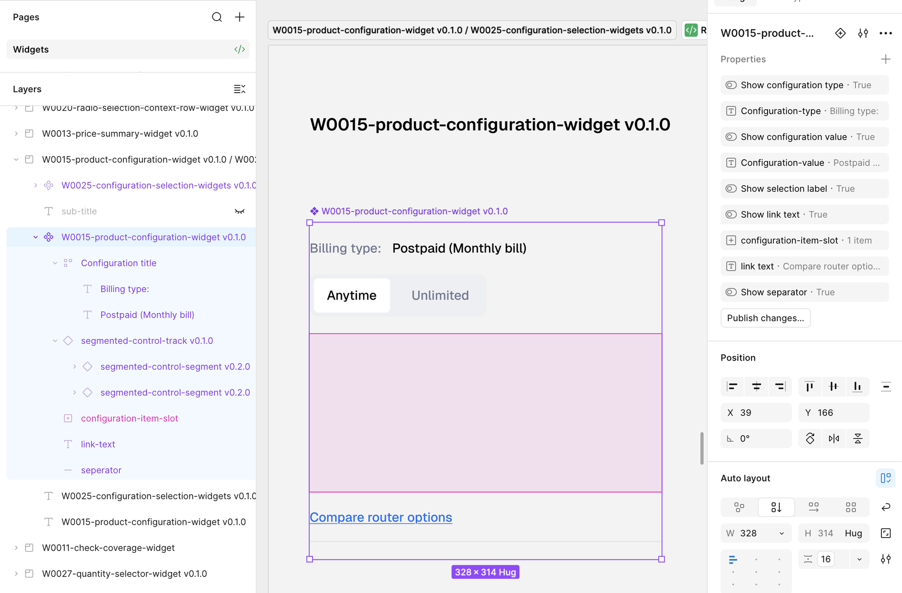 Figma screenshot of the W0015 product configuration widget: the layers panel shows nested versioned components and a configuration item slot; the canvas shows billing type, a segmented control and a link; the properties panel lists show and text properties, a slot and auto layout settings.